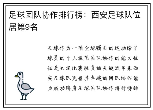 足球团队协作排行榜：西安足球队位居第9名