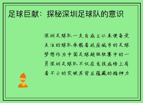 足球巨献：探秘深圳足球队的意识