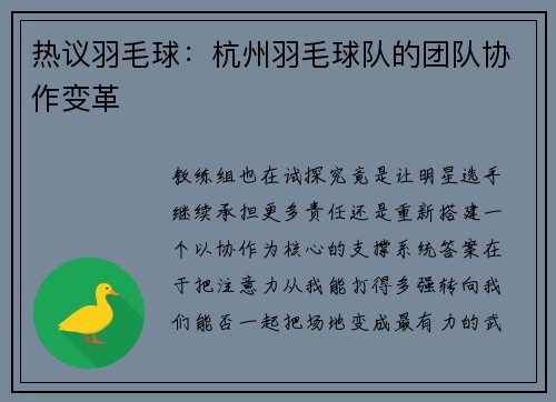 热议羽毛球：杭州羽毛球队的团队协作变革