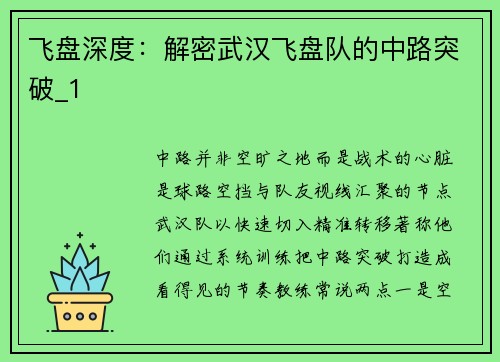 飞盘深度：解密武汉飞盘队的中路突破_1